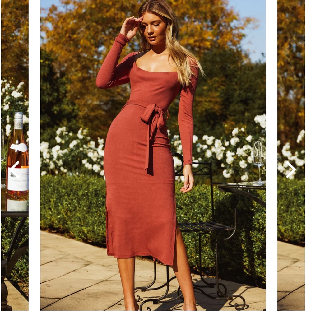 LONG SLEEVE WAIST TIE RIBBED MIDI DRESS ROSE